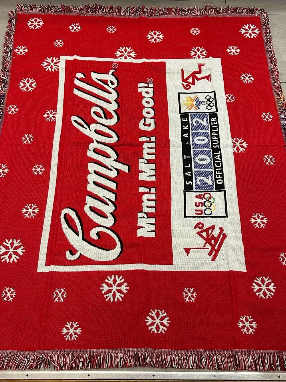 Vintage 2002 Campbell’s Salt Lake City Olympics Woven Fringe Throw Blanket 55x43